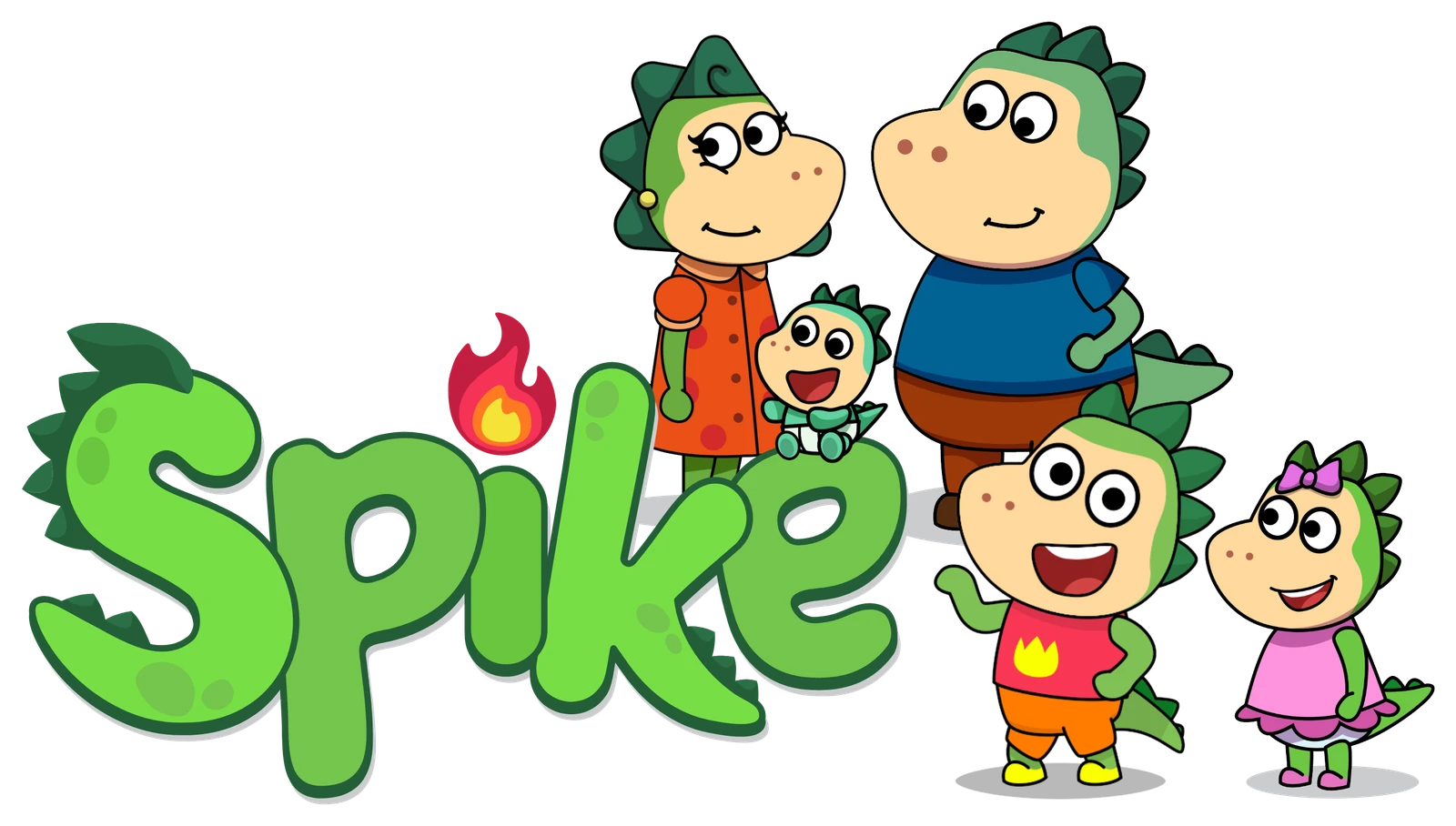 The Spike dragon family with the Spike wordmark