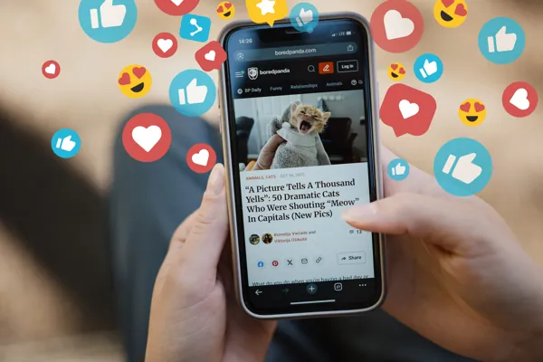 A Bored Panda story open on a phone, showered in likes and hearts