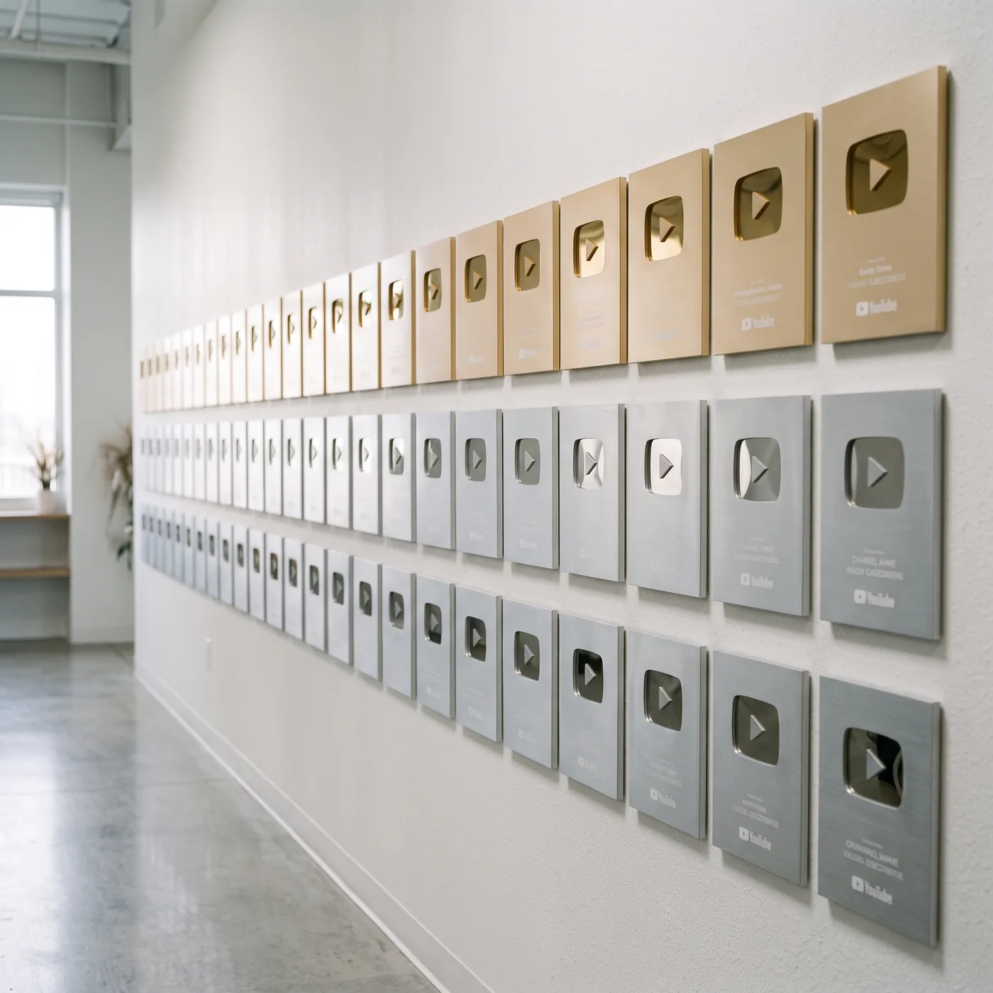 An office wall lined with rows of YouTube Silver and Gold Play Button awards